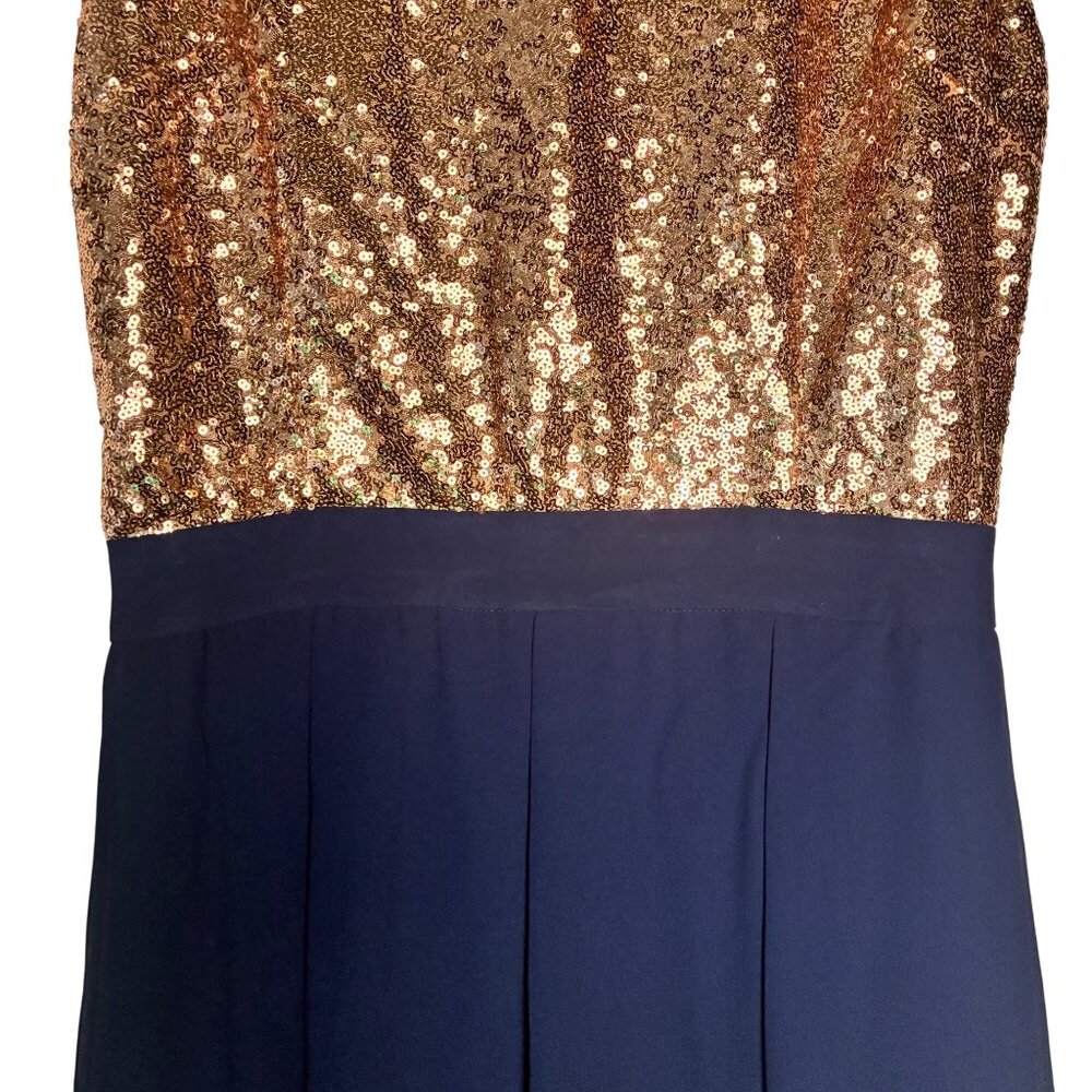 Rosette Rose Gold Sequin & Navy Chiffon Sleeveless Skater Dress Women's Large - Picture 14 of 15